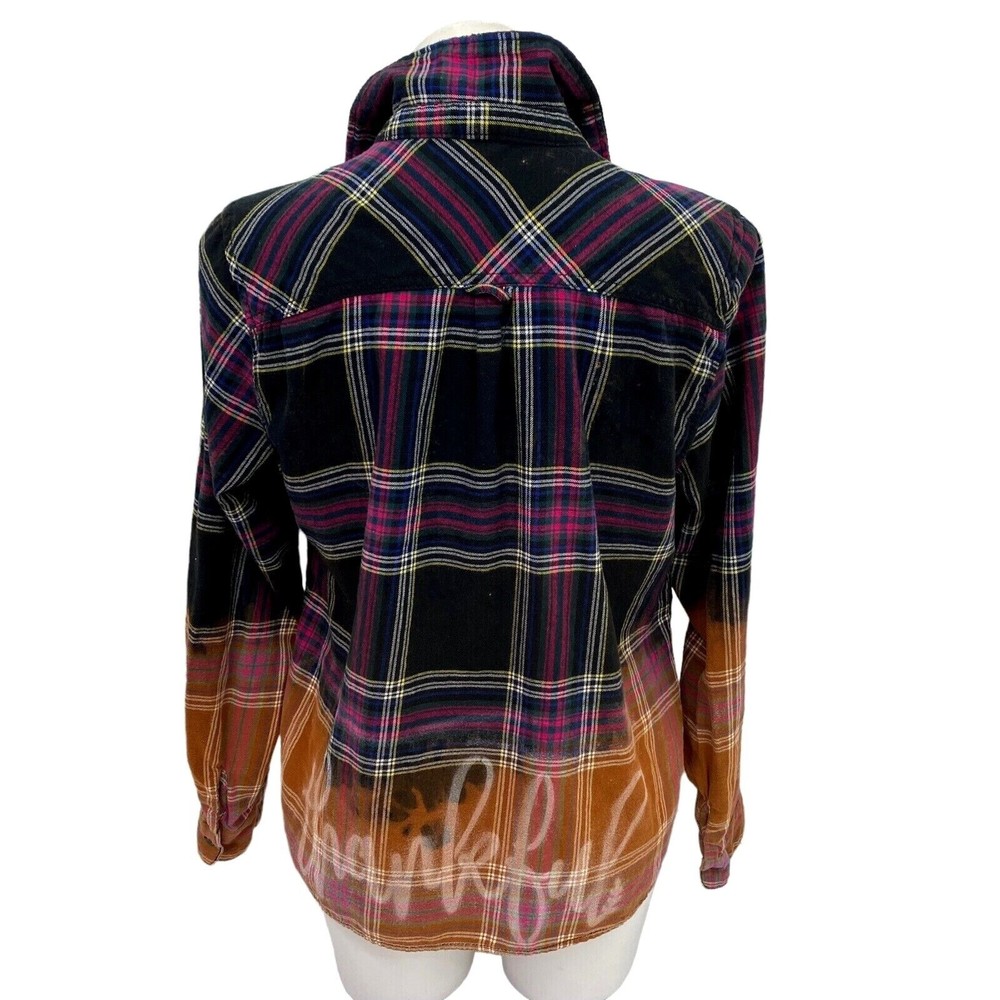 Maurices Womens Plaid Button Up Size Large Upcycled Bleach Ombre Stencil Collar